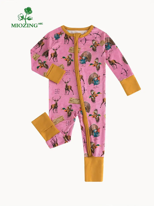 MIOZING Bamboo Fiber Blend Baby Romper - Cute Peacock & Deer Print, Long Sleeve Zip-Up Bodysuit for All Seasons, Perfect for Outdoor