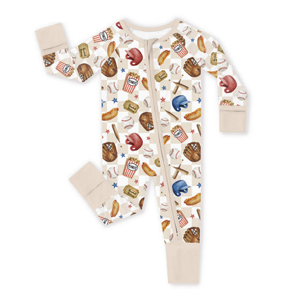 Khaki Plaid Baseball Snack Adventure Bamboo Zipper Romper Pajamas