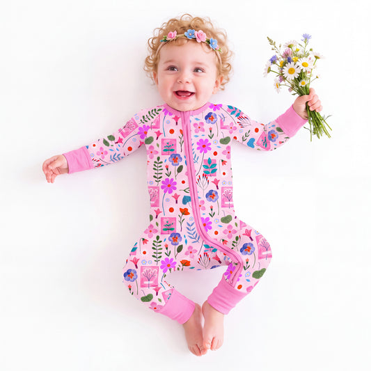 Watercolor Floral Gallery Bamboo Zipper Pajama Romper