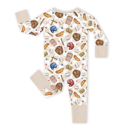 Khaki Plaid Baseball Snack Adventure Bamboo Zipper Romper Pajamas