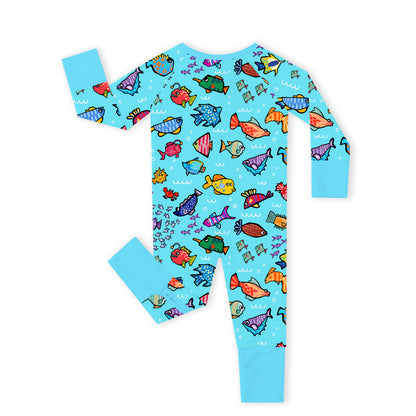 Baby Bamboo Zipper Pajama Romper Blue Ocean Fish Frenzy