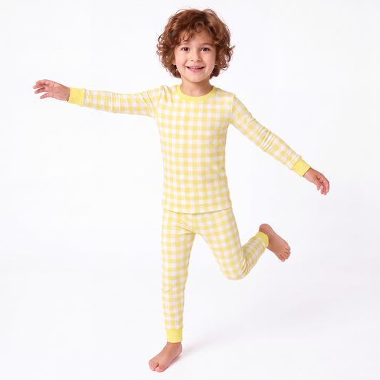 Classic Sunshine Gingham Yellow Kids Two-Piece Pajama Set