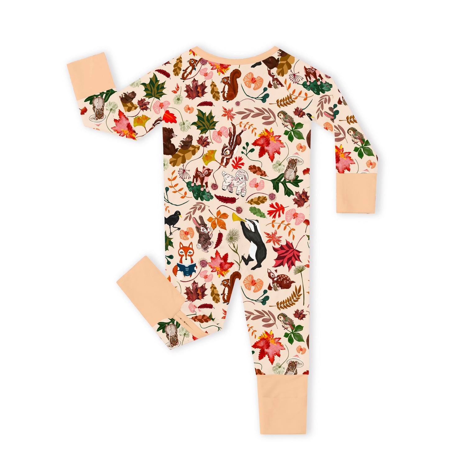 Autumn Woodland Wildlife and Fallen Leaves Peach Bamboo Zipper Romper Pajamas