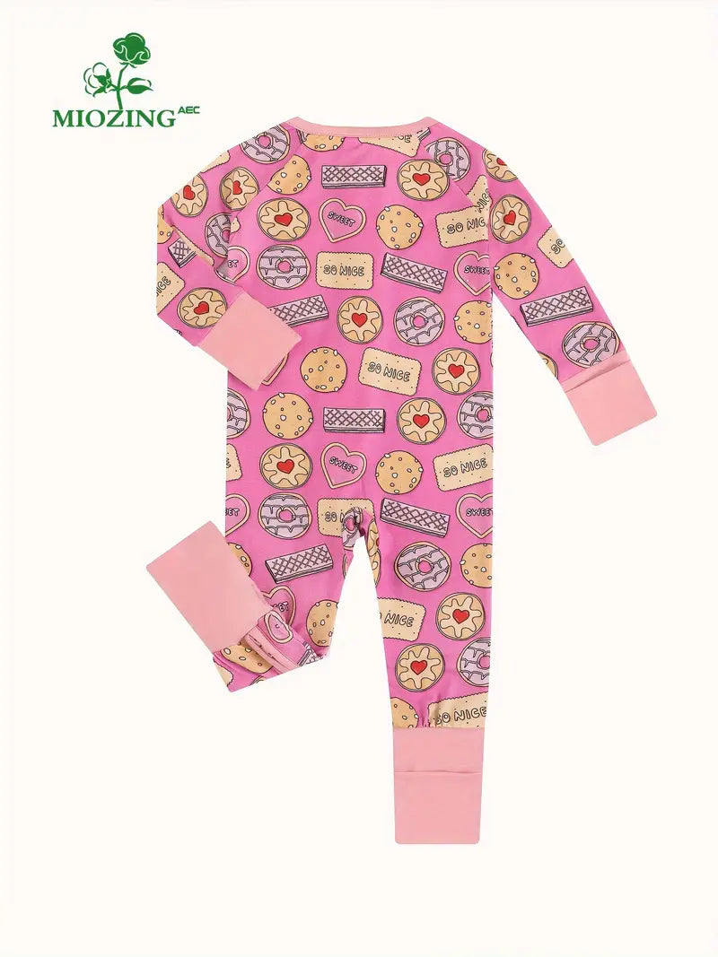 MIOZING Baby's Cartoon Biscuit Pattern Bamboo Fiber Long Sleeve Romper, Toddler & Infant Girl's Bodysuit