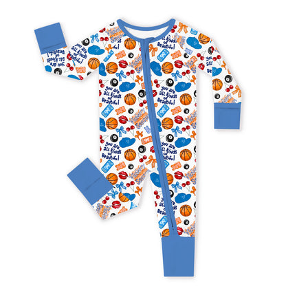 Playful Sports and Sweet Bow Lip Blue Bamboo Zipper Romper Pajamas