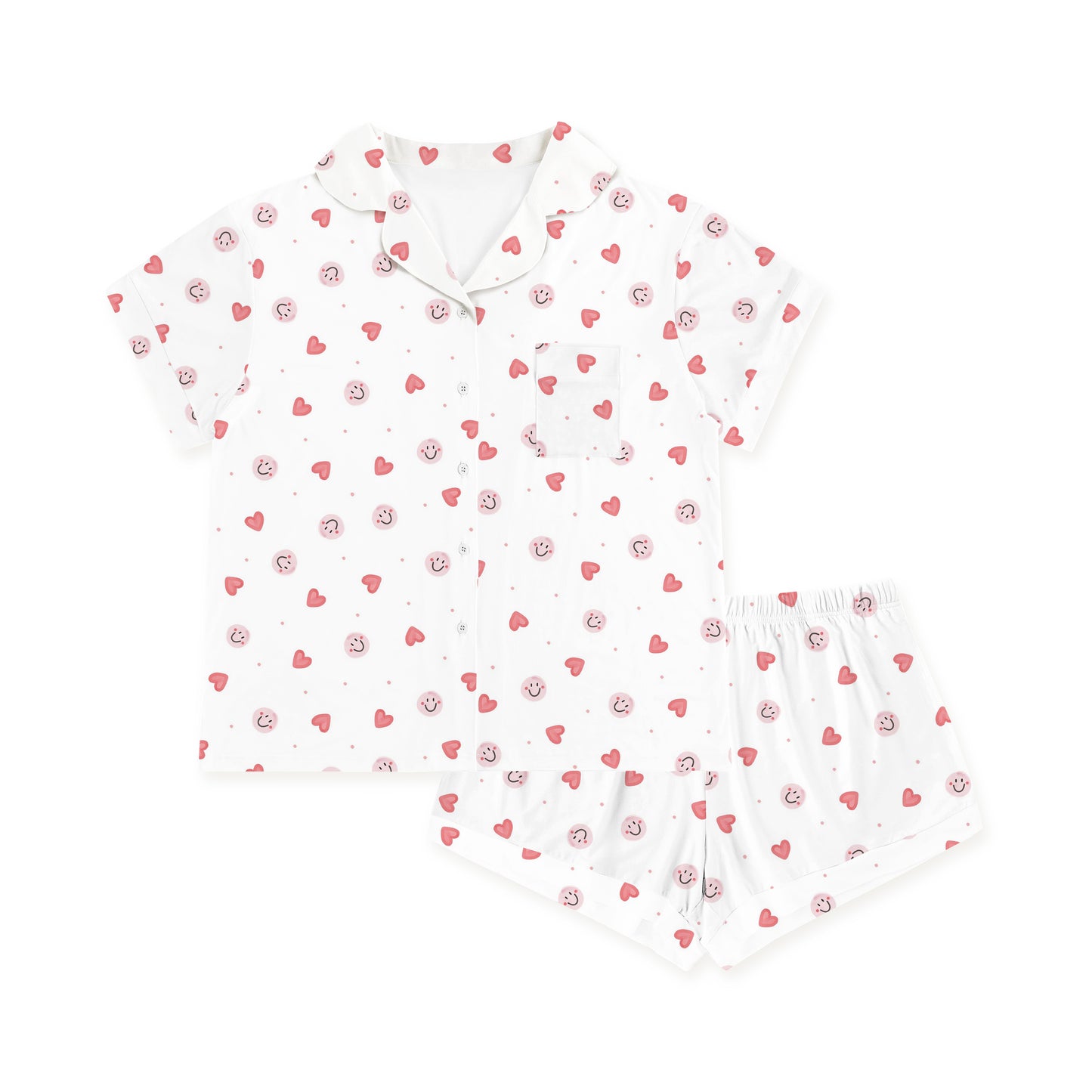 Sweet Hearts and Smiley Faces Pink Women's Bamboo Short Sleeve Pajama Set