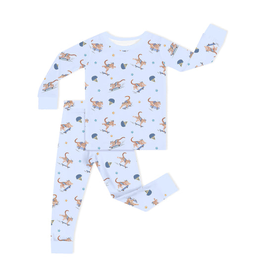 Skateboarding Leopard Kids Bamboo Two-Piece Pajama Set