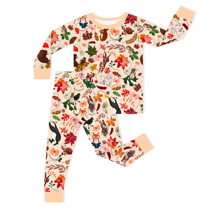 Autumn Woodland Wildlife and Fallen Leaves Peach Kids Two-Piece Pajama Set