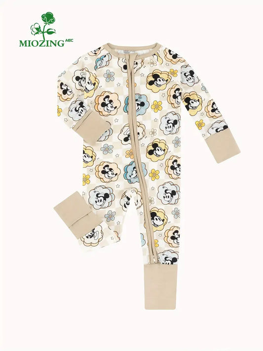 MIOZING Bamboo Fiber Zip Up Bodysuit For Baby, Cartoon Mouse Checkerboard Pattern Long Sleeve Onesie, Infant & Toddler Girl's Outdoor Clothes