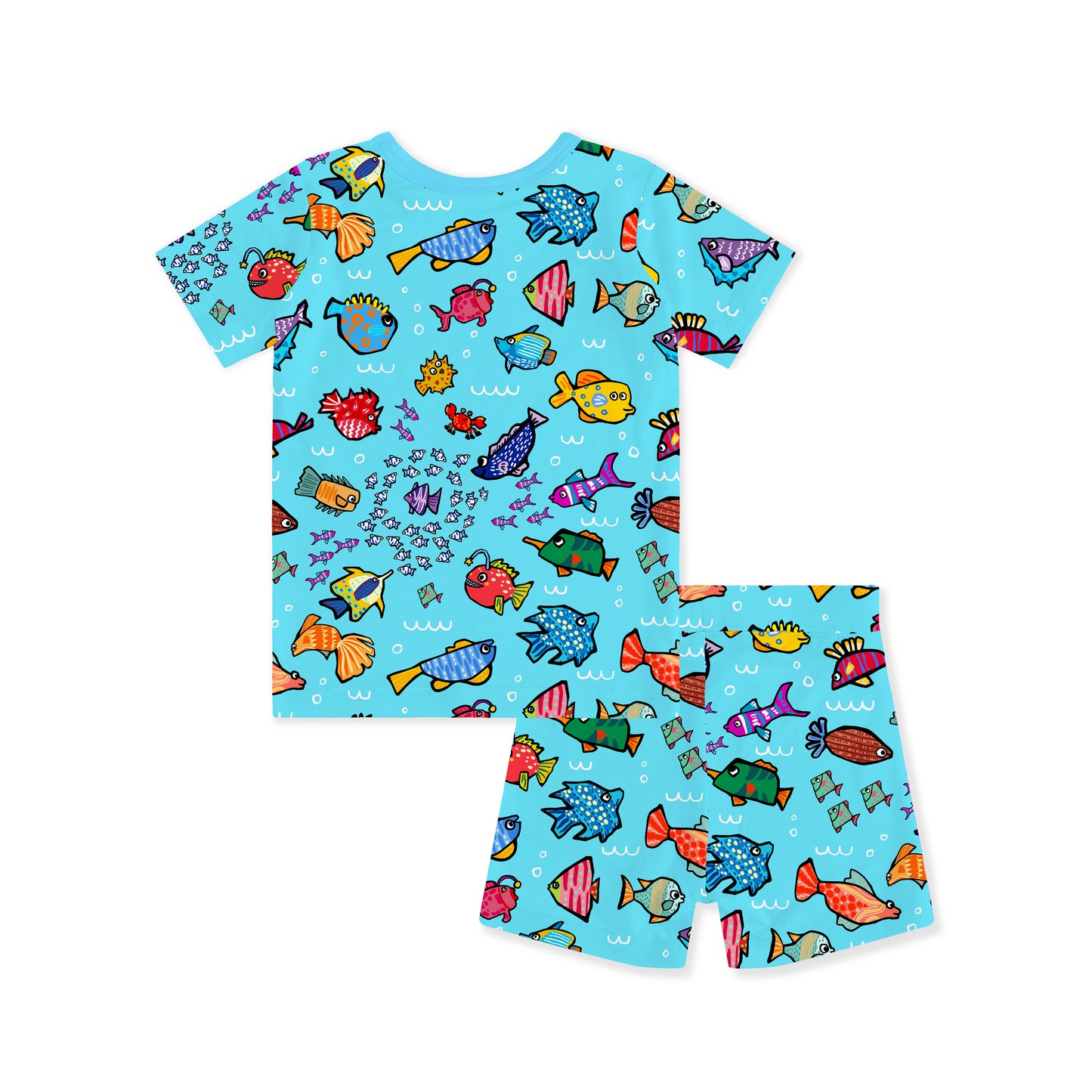 Kids Bamboo Two-Piece Pajama Set Blue Ocean Fish Frenzy