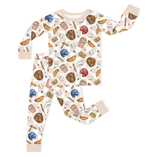 Khaki Plaid Baseball Snack Adventure Kids Bamboo Two-Piece Pajama Set