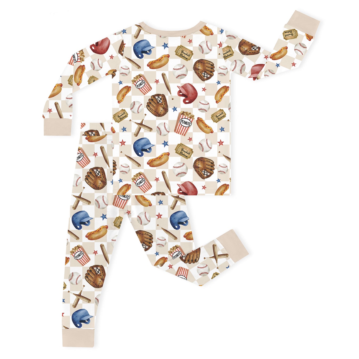 Khaki Plaid Baseball Snack Adventure Kids Bamboo Two-Piece Pajama Set