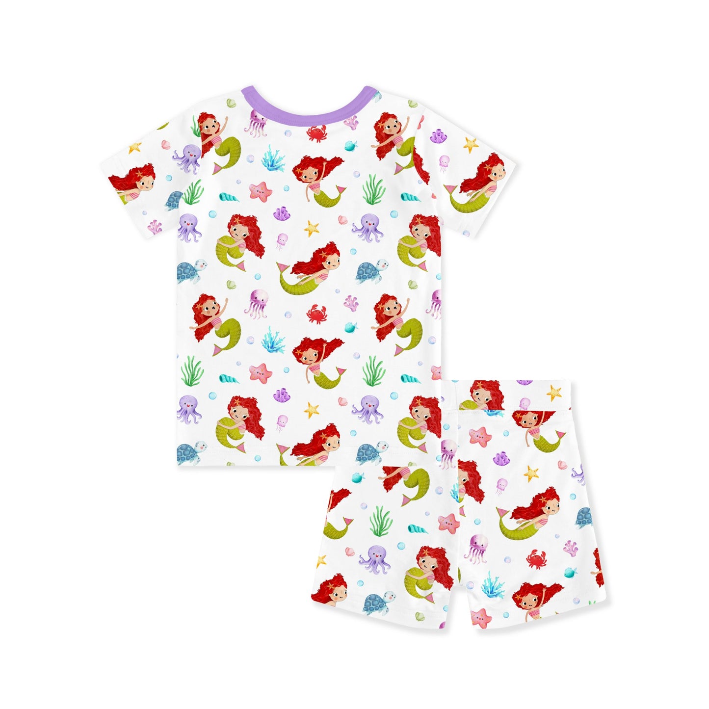 Little Mermaid Ocean Dreams and Sea Friends Purple Kids Bamboo Two-Piece Pajama Short Sleeve Set