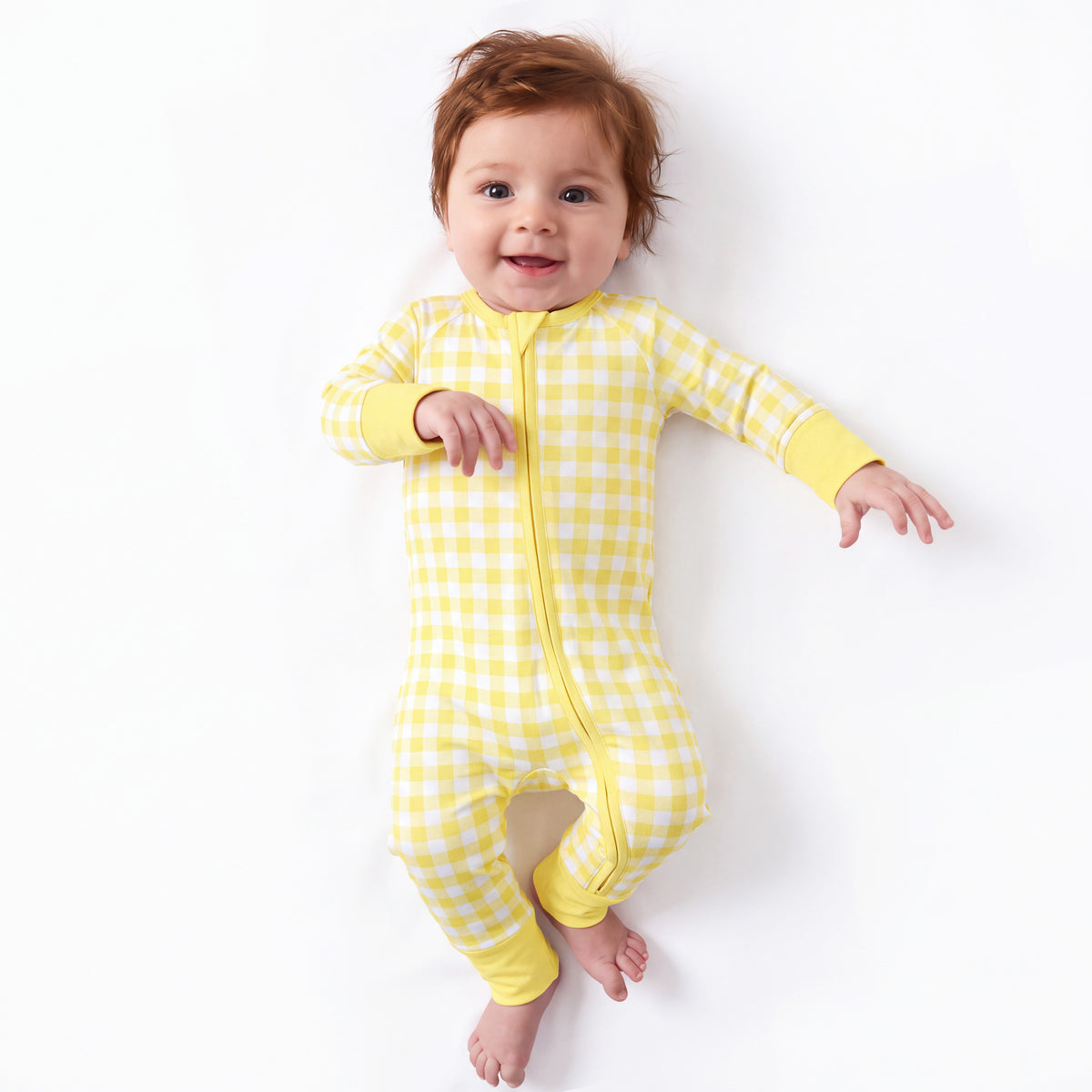 Classic Sunshine Gingham Yellow Bamboo Zipper Romper Pajamas