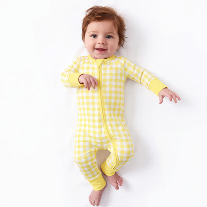 Classic Sunshine Gingham Yellow Bamboo Zipper Romper Pajamas