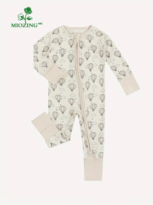 Newborn Baby Girls Bamboo Fiber Cute Hot Air Balloon Print Long Sleeve Outdoor Zipper Bodysuit