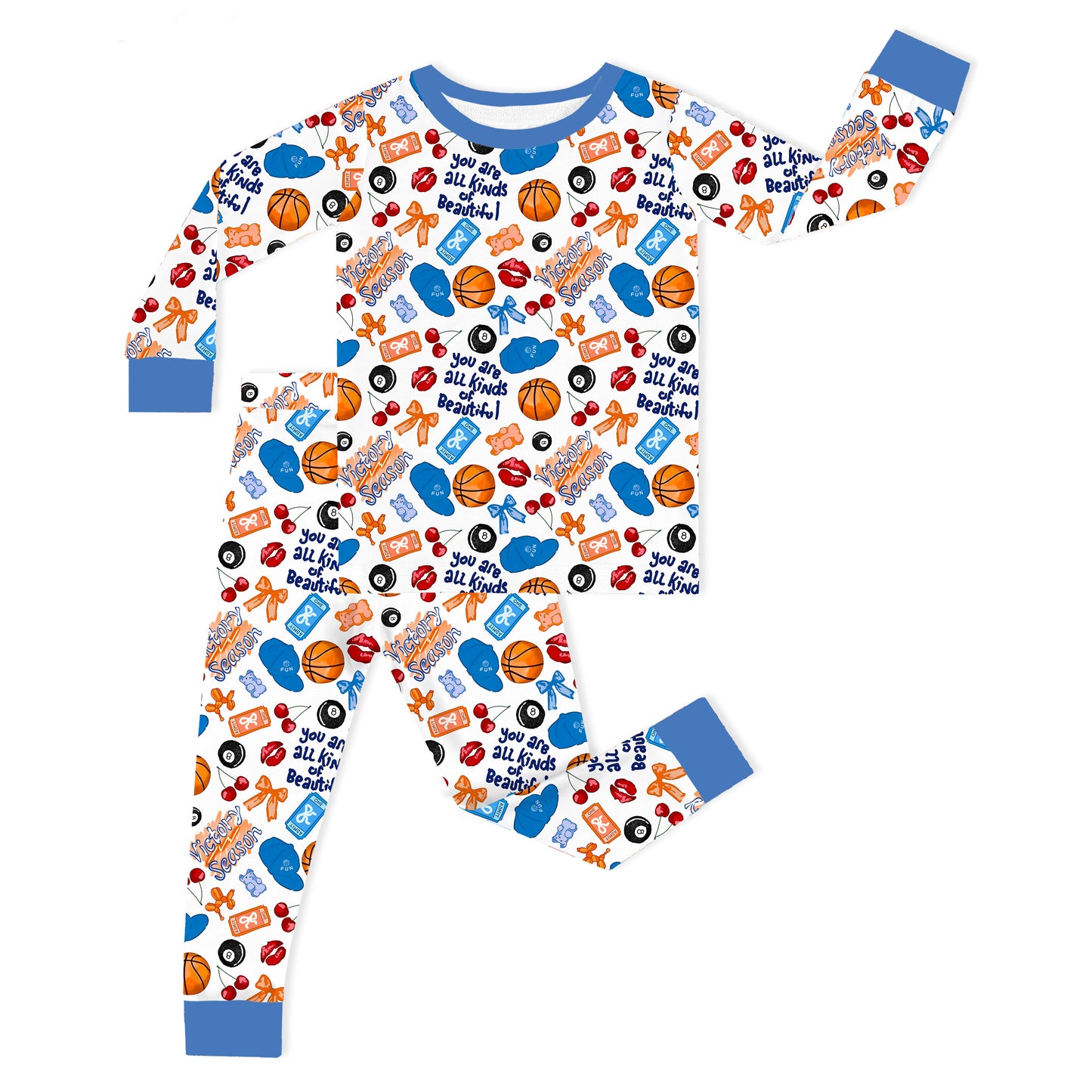 Playful Sports and Sweet Bow Lip Blue Kids Bamboo Two-Piece Pajama Set