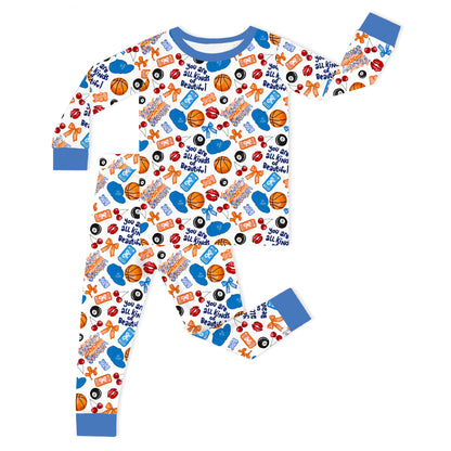 Playful Sports and Sweet Bow Lip Blue Kids Bamboo Two-Piece Pajama Set