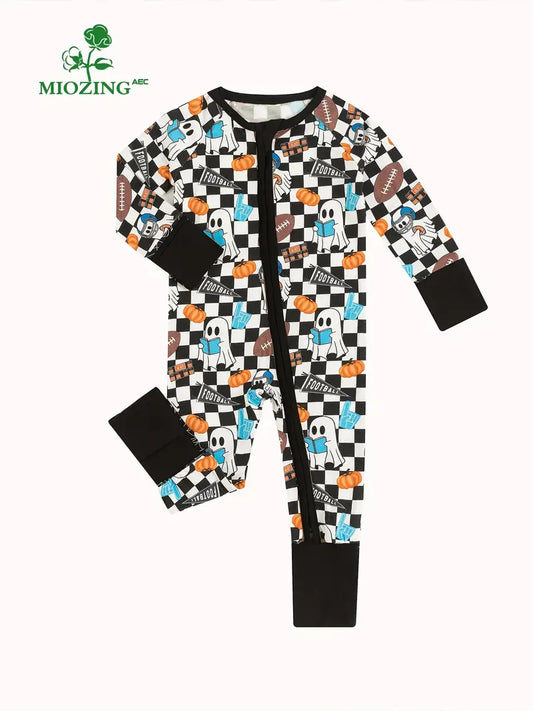 MIOZING Baby's Cartoon Halloween Ghost Checkerboard Pattern Bamboo Fiber Long Sleeve Bodysuit, Toddler & Infant Girl's Onesie