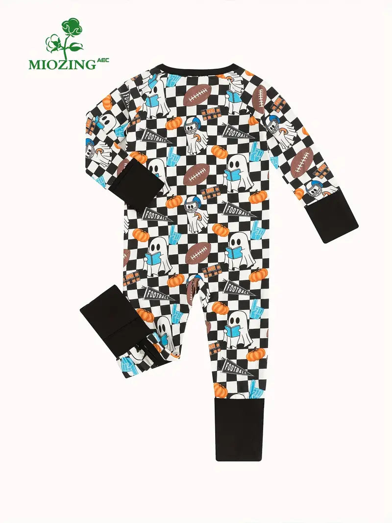 MIOZING Baby's Cartoon Halloween Ghost Checkerboard Pattern Bamboo Fiber Long Sleeve Bodysuit, Toddler & Infant Girl's Onesie