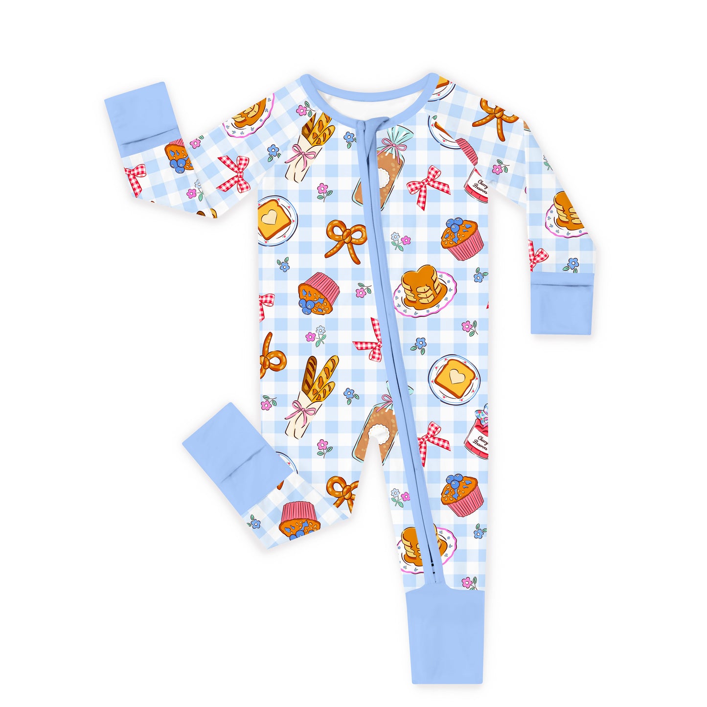 Baby Bamboo Zipper Pajama Romper Sweet Bakery and Flower Bow in Blue Check
