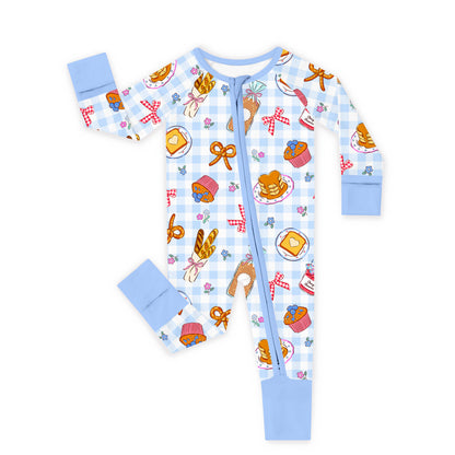 Baby Bamboo Zipper Pajama Romper Sweet Bakery and Flower Bow in Blue Check