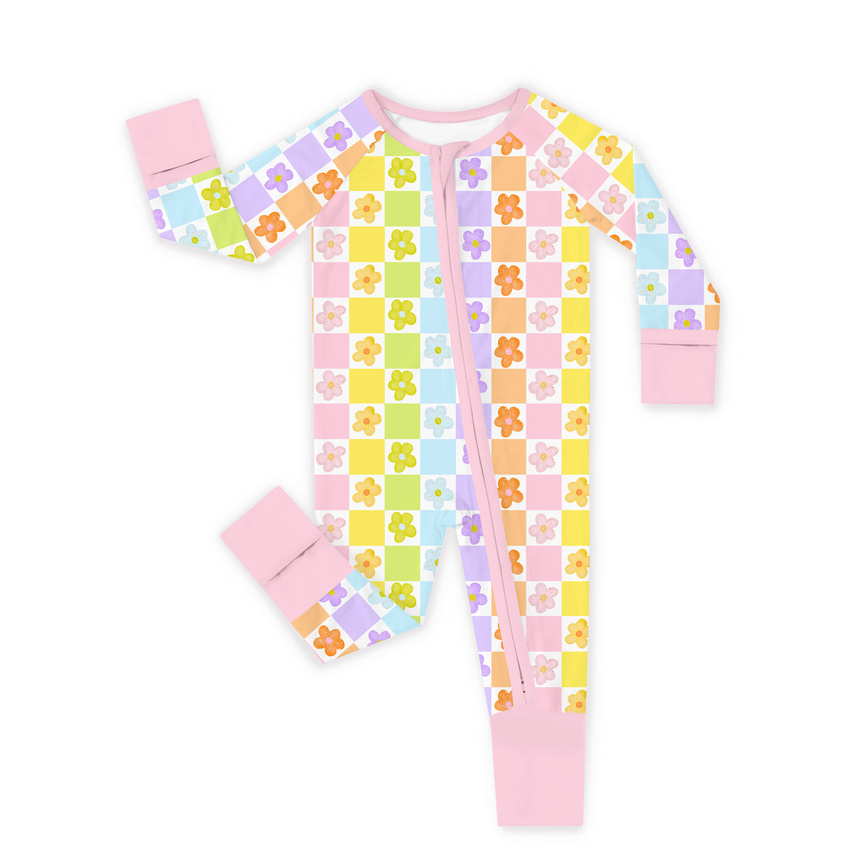 Groovy Daisy Checkerboard Bamboo Zipper Pajama Romper