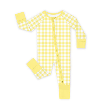 Classic Sunshine Gingham Yellow Bamboo Zipper Romper Pajamas