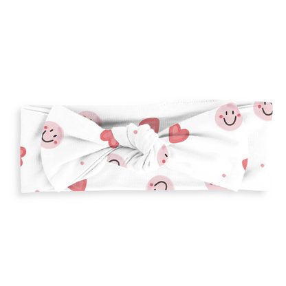 Sweet Hearts and Smiley Faces Pink Bamboo Headband Bow