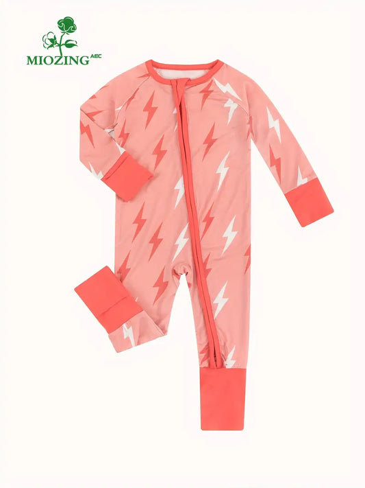 MIOZING Baby's Lightning Pattern Comfy Bamboo Fiber Zip Up Long Sleeve Romper, Toddler & Infant Girl's Bodysuit For Fall & Winter Outdoor Wear