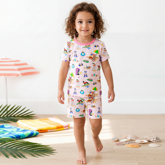 Seaside Surf Pup on Sunny Beach Pink Kids Bamboo Two-Piece Pajama Short Sleeve Set