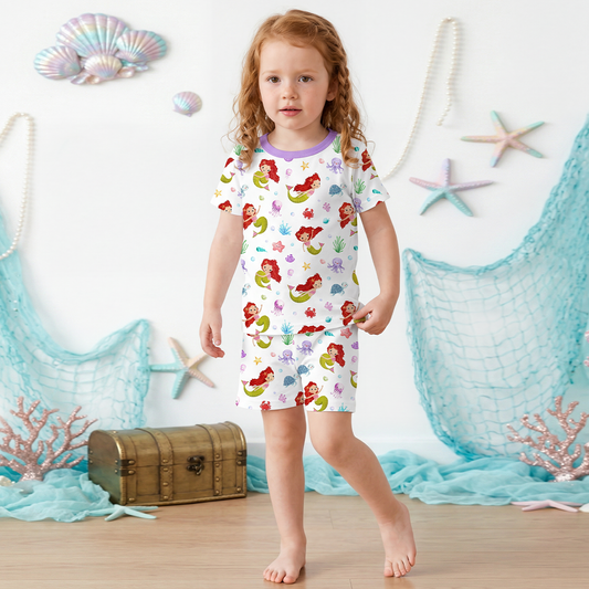Little Mermaid Ocean Dreams and Sea Friends Purple Kids Bamboo Two-Piece Pajama Short Sleeve Set