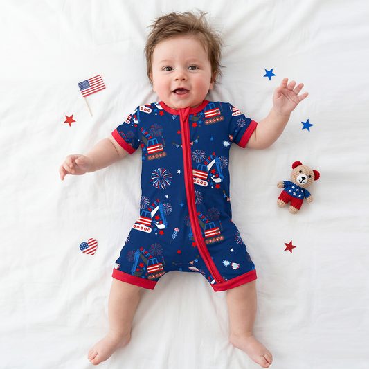 4th of July Red White Fireworks and Truck Short Bamboo Zippy Baby Romper
