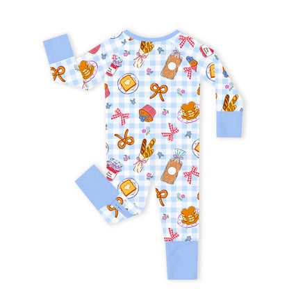 Baby Bamboo Zipper Pajama Romper Sweet Bakery and Flower Bow in Blue Check