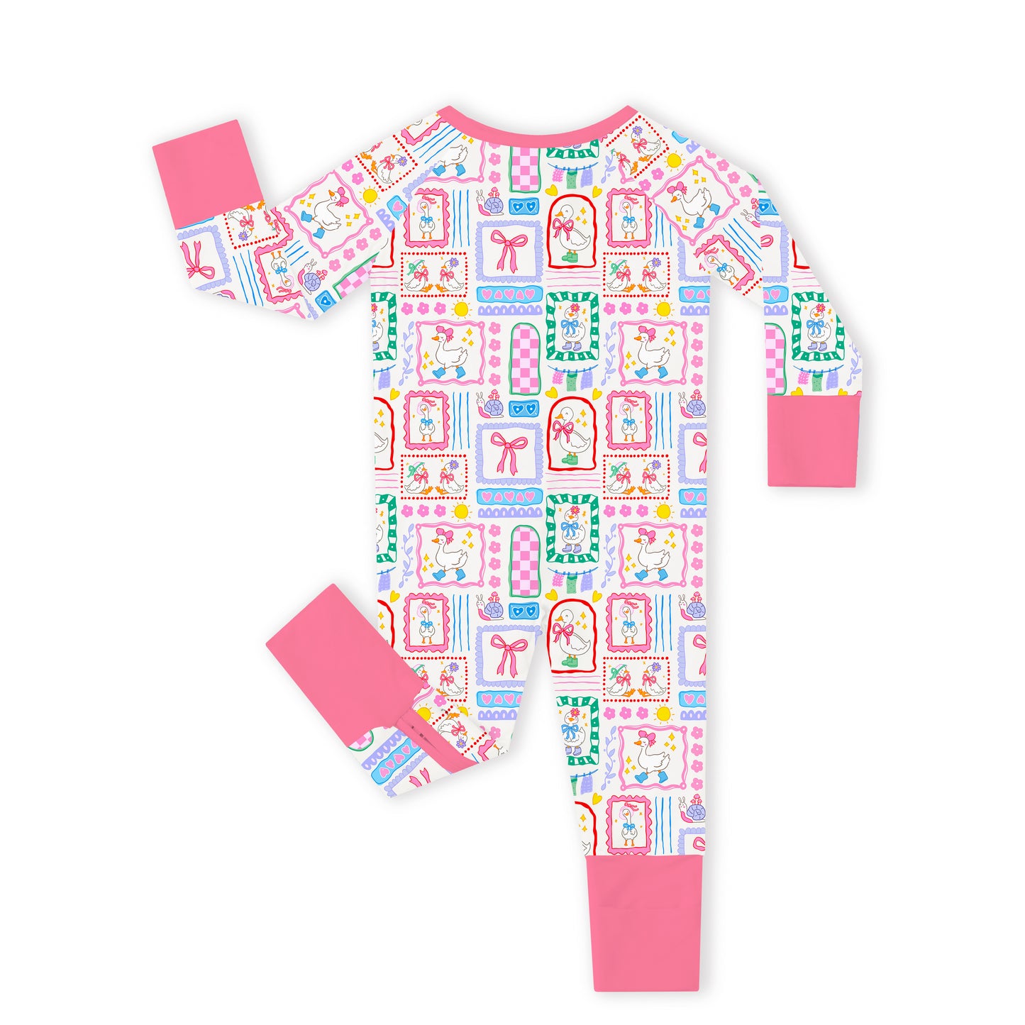 Baby Bamboo Zipper Pajama Romper Sweet Duck Patchwork Pink Bow