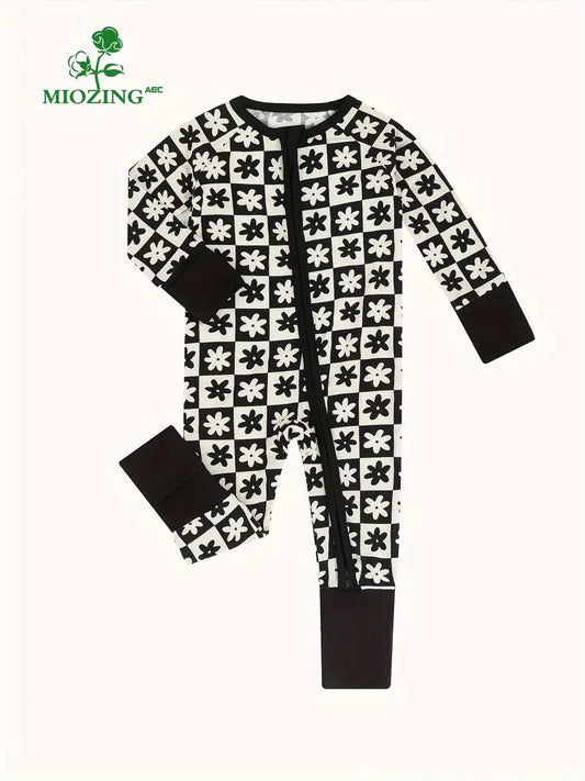 MIOZING Baby's Checkerboard Flower Pattern Comfy Zip Up Long Sleeve Romper, Toddler & Infant Girl's outdoor Bodysuit