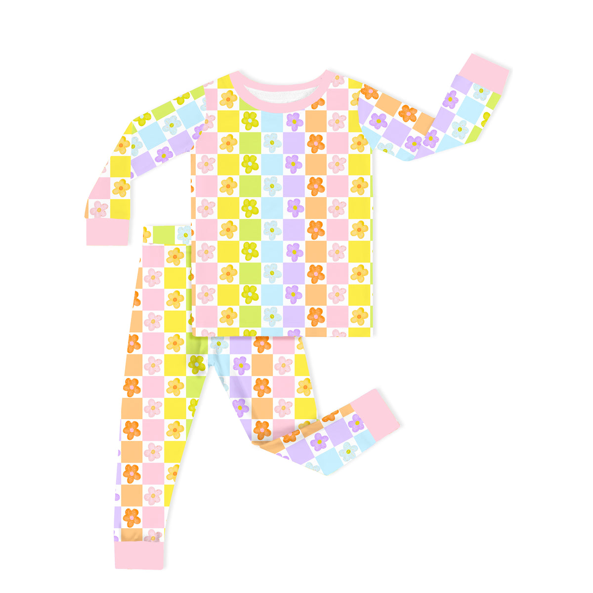 Groovy Daisy Checkerboard Kids Bamboo Two-Piece Pajama Set