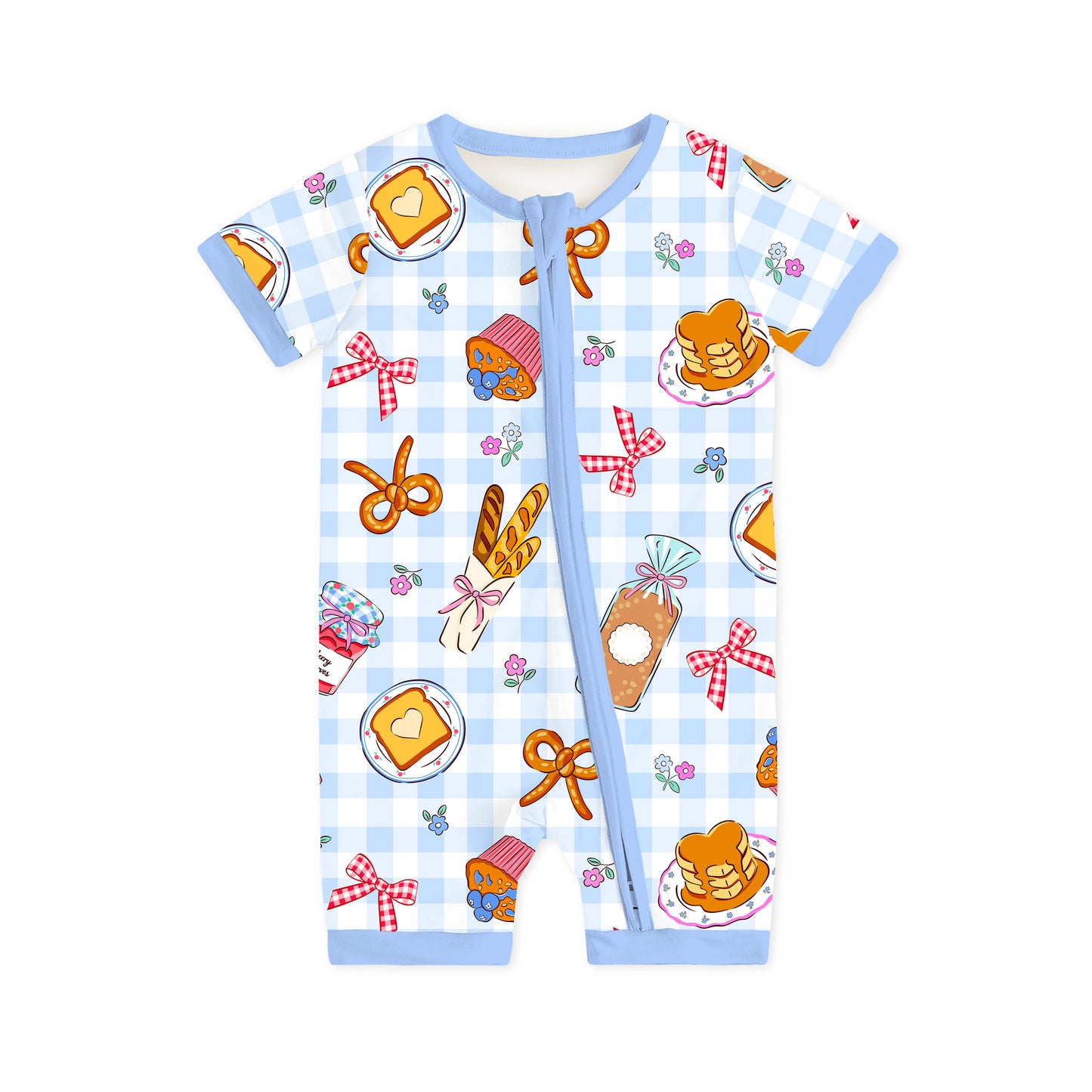 Baby Bamboo Zipper Pajama Romper Sweet Bakery and Flower Bow in Blue Check
