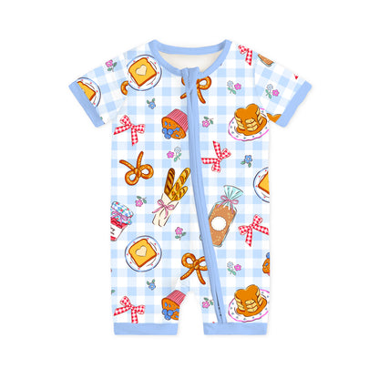 Baby Bamboo Zipper Pajama Romper Sweet Bakery and Flower Bow in Blue Check