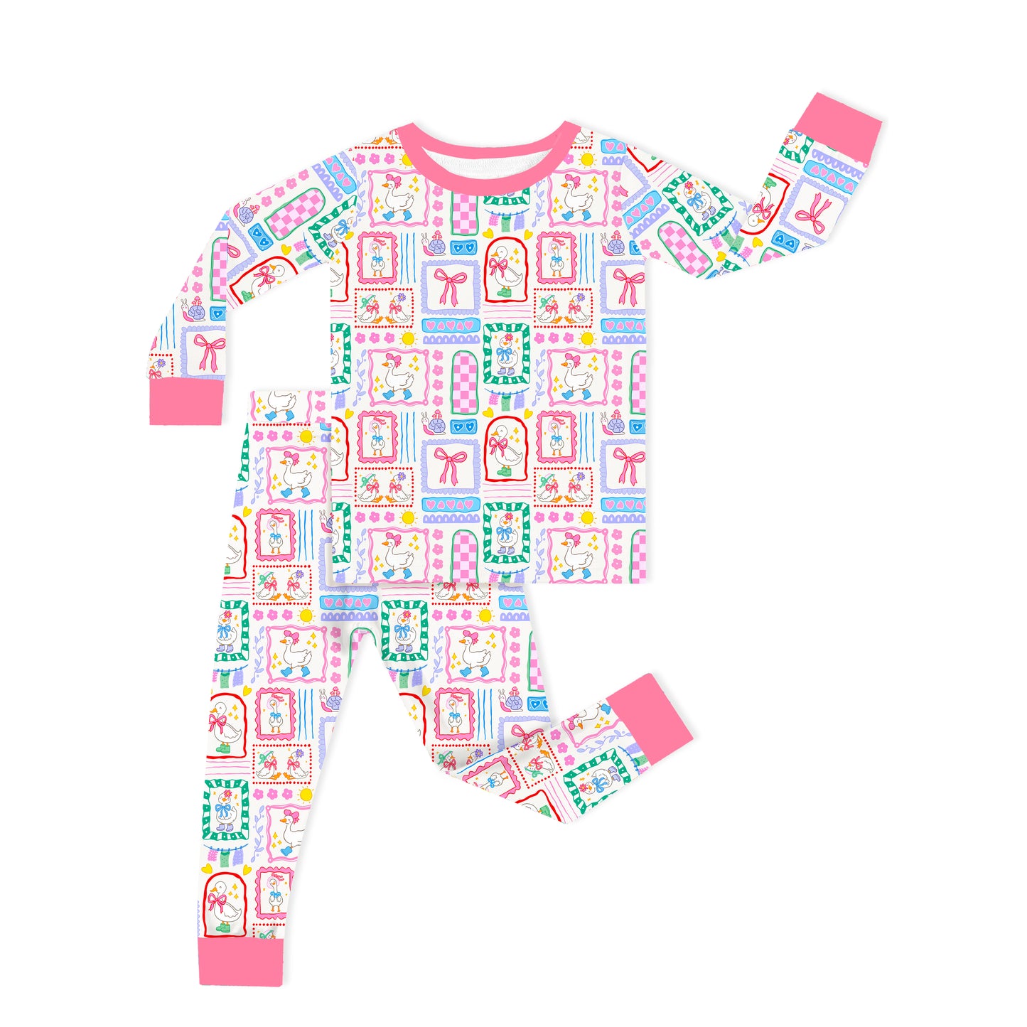 Kids Bamboo Two-Piece Pajama Set Sweet Duck Patchwork Pink Bow
