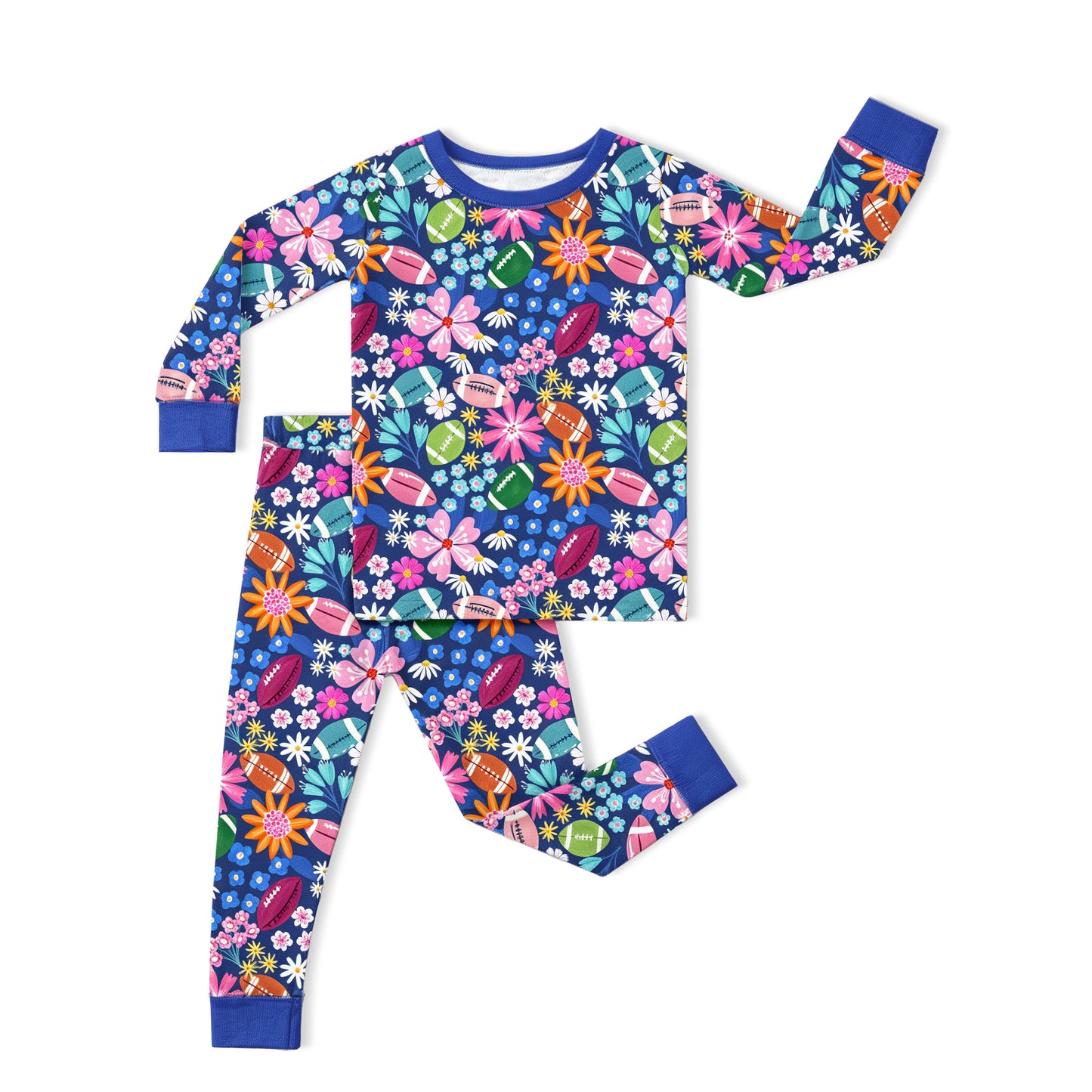 Game Day Blooms Blue Kids Bamboo Two-Piece Pajama Set