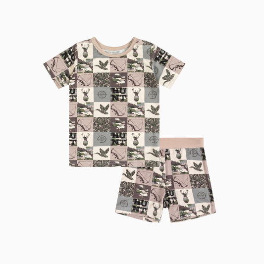 Camouflage Checkerboard Kids Bamboo Two-Piece Pajama Short Sleeve Set