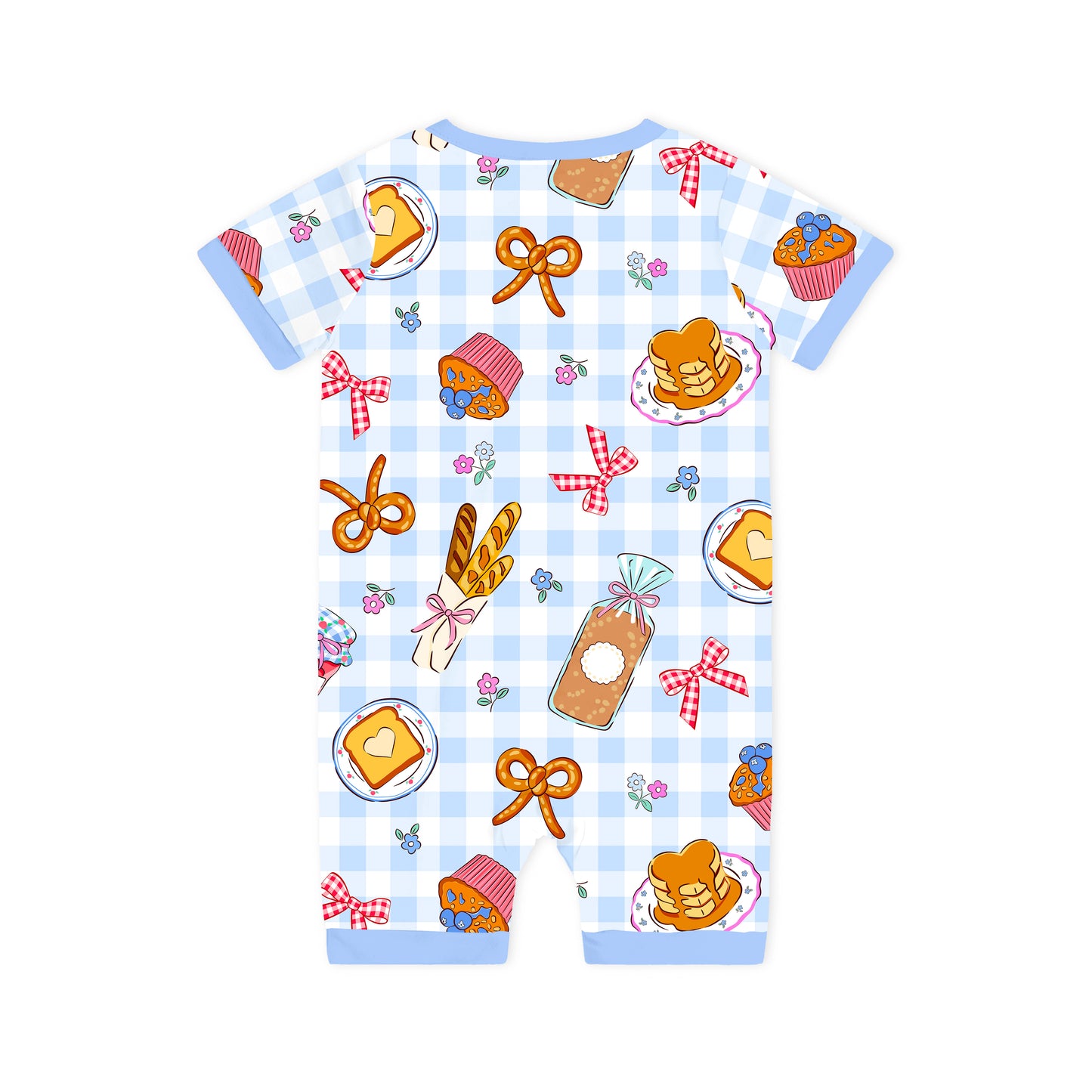 Baby Bamboo Zipper Pajama Romper Sweet Bakery and Flower Bow in Blue Check