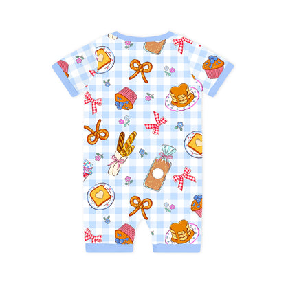Baby Bamboo Zipper Pajama Romper Sweet Bakery and Flower Bow in Blue Check