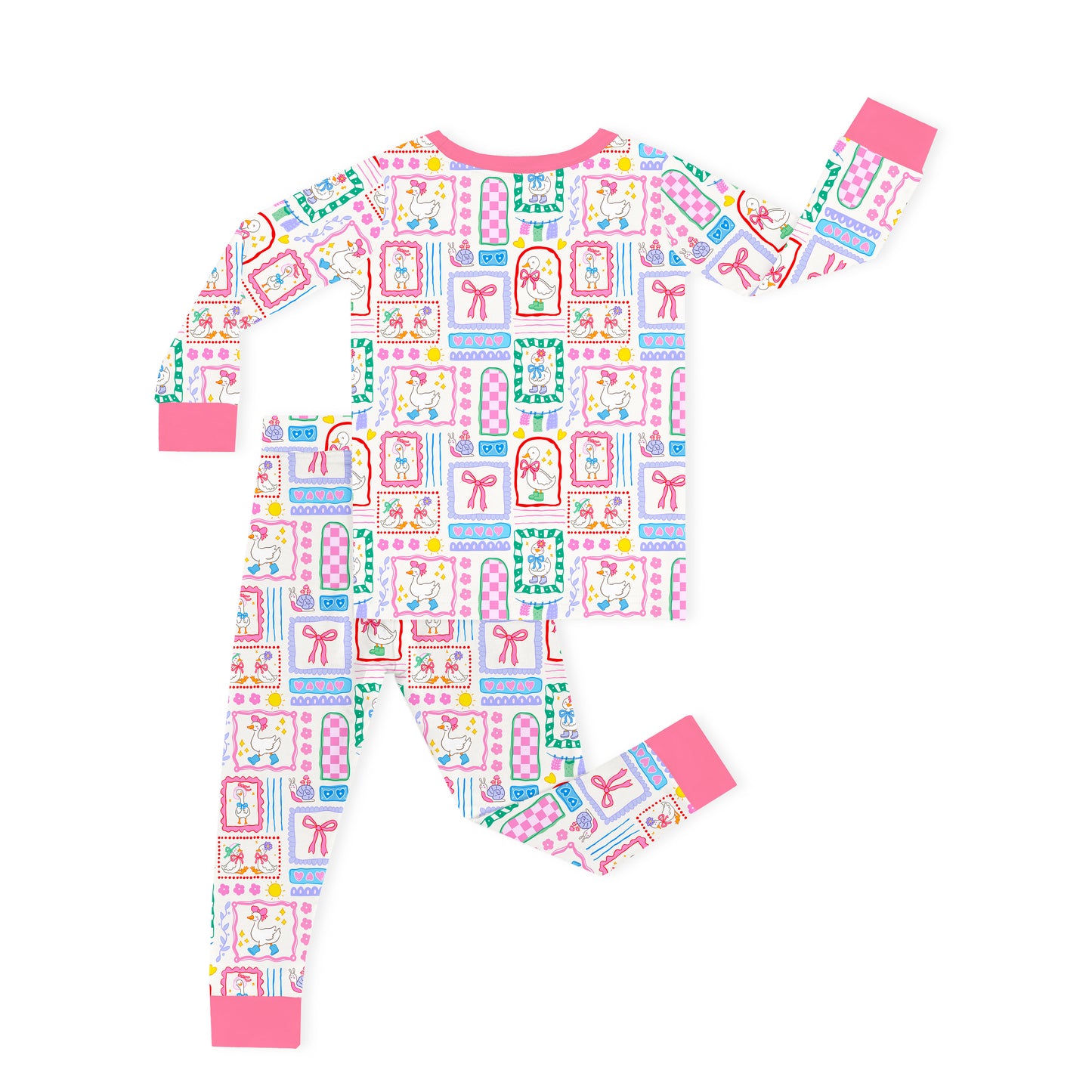 Kids Bamboo Two-Piece Pajama Set Sweet Duck Patchwork Pink Bow