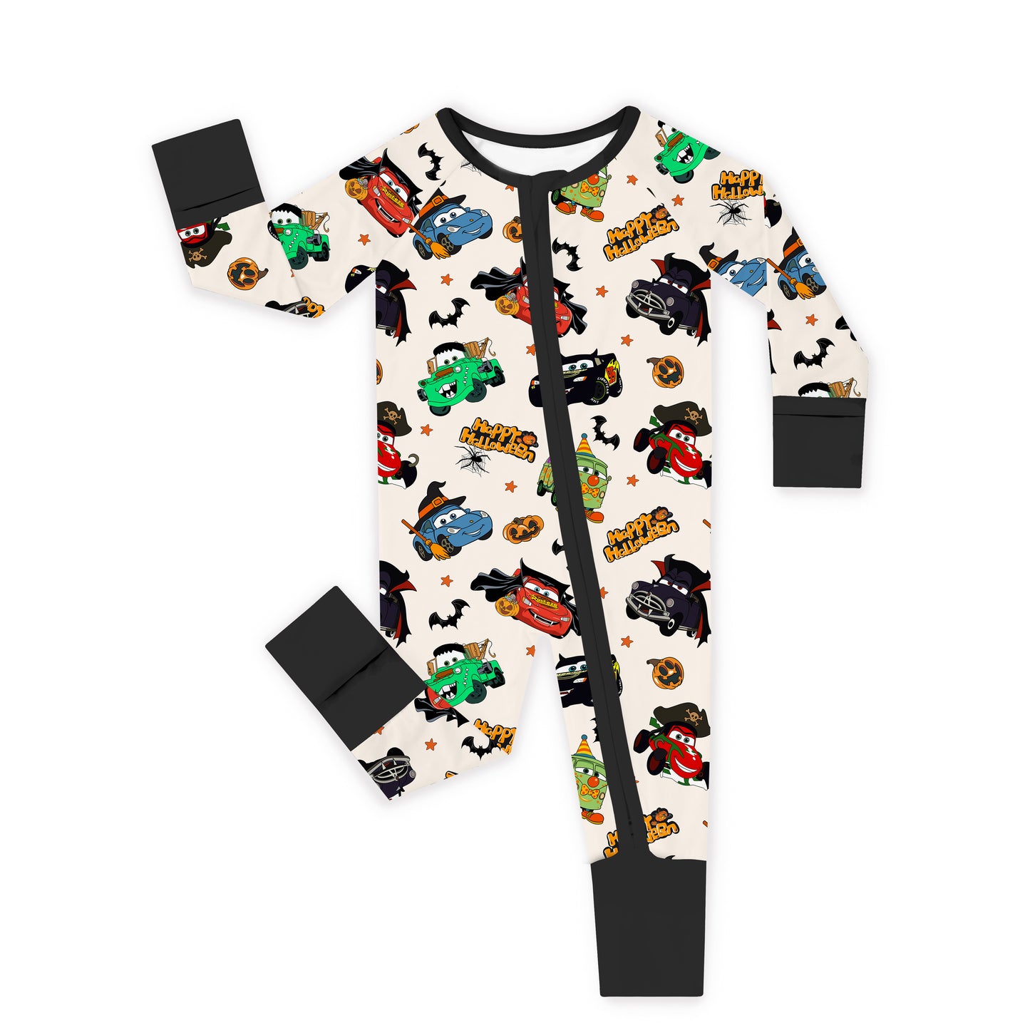 Halloween Smiley Face Car and Bus Pumpkin Bamboo Zipper Romper Pajamas