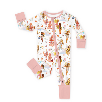 Dancing Fairy Friends Rainbow Flowers Journey Bamboo Zipper Romper Pajamas