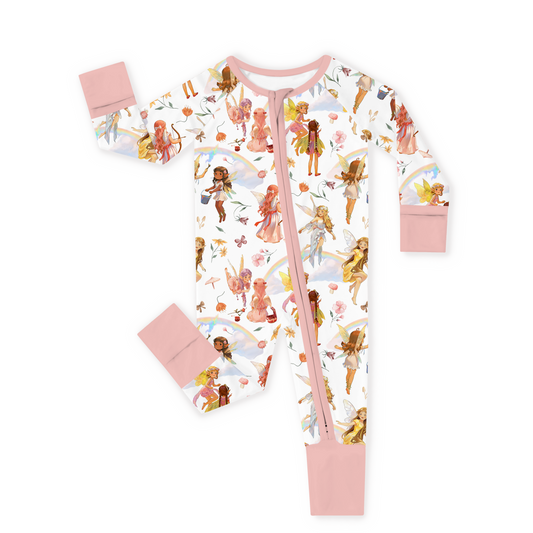 Dancing Fairy Friends Rainbow Flowers Journey Bamboo Zipper Romper Pajamas