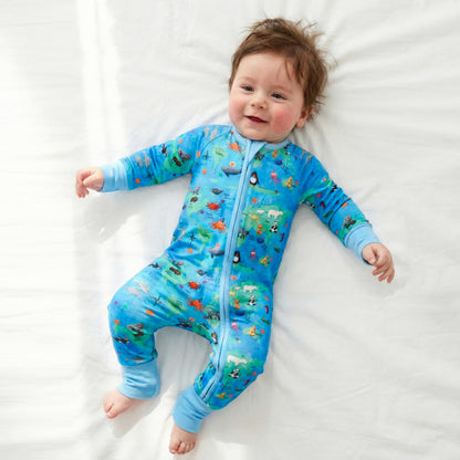 Baby Bamboo Zipper Pajama Romper World Map Animal Pals Adventure