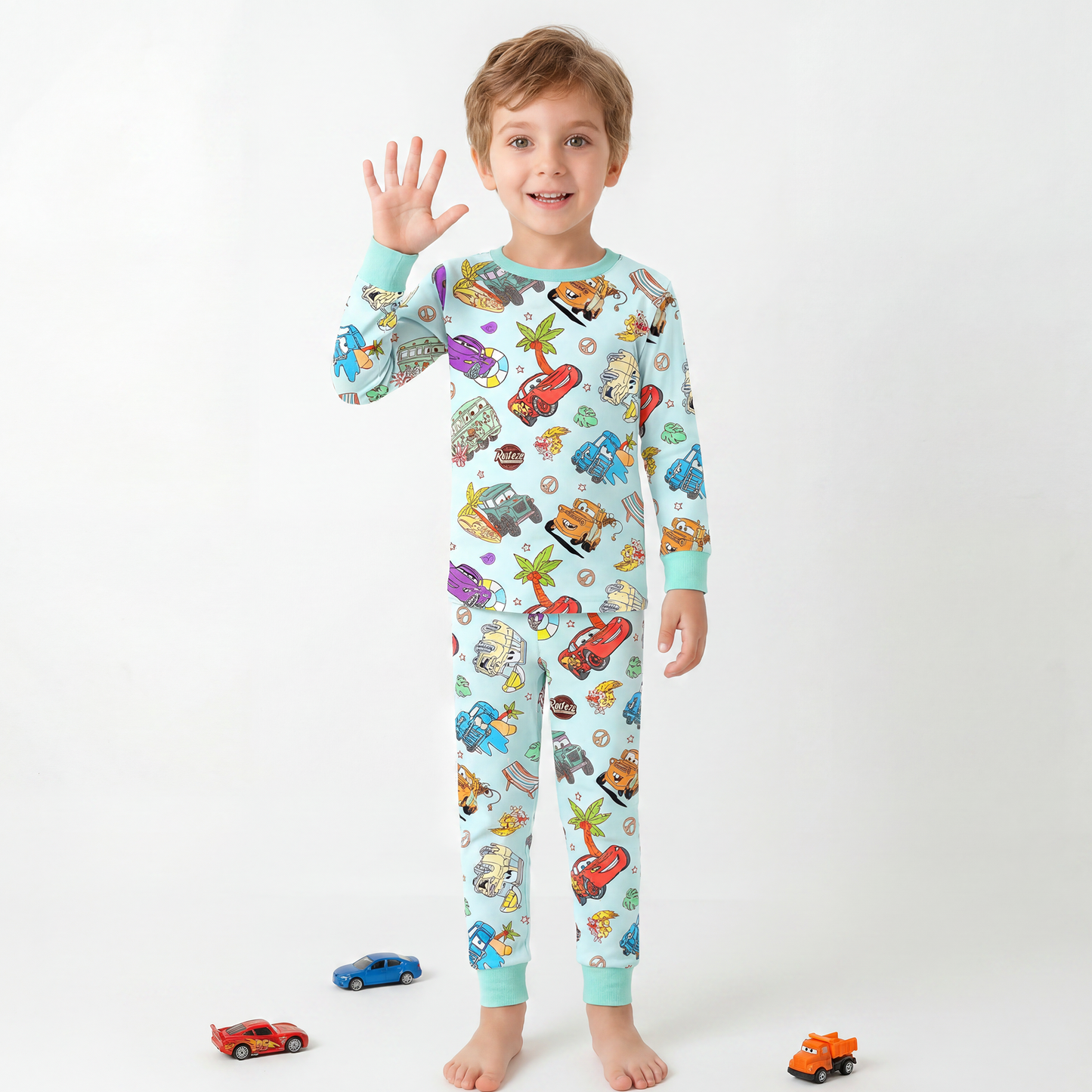 Vintage Cars Road Trip Mint Green Kids Two-Piece Pajama Set